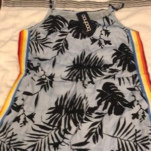 Tropical print rainbow stripe dress.